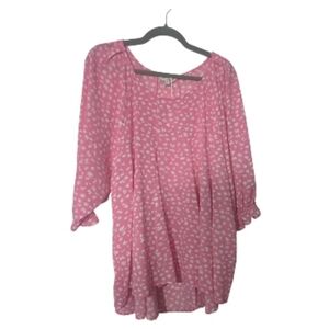 Umgee 1x Pink With White Accents Flowy 3/4 Puff Sleeve Blouse Lightweight Girly